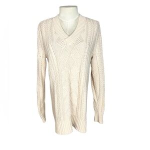 LL Bean Signature Fisherman Sweater V -Neck Cotton cableknit roomy XS cream